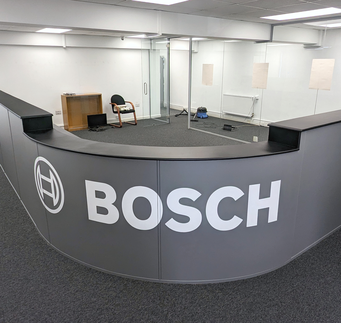 Reception desk wrap - Bosch service center Hitchin 